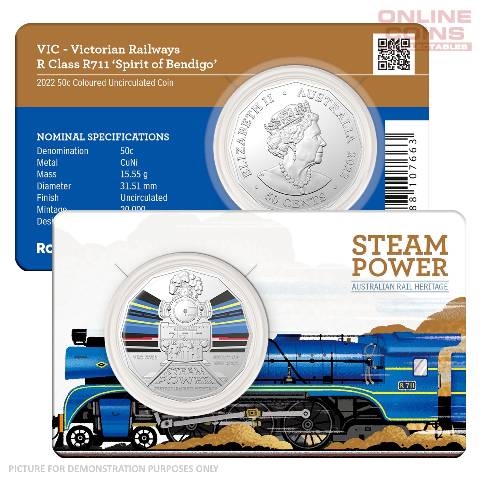 2022 50c CuNi Coloured Uncirculated Carded Coin – VIC Victorian Railways R Class R/11 'Spirit of Bendigo'